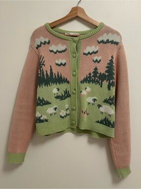 ZARA Sheep Print Pastel Knit Cardigan Sweater Size M
